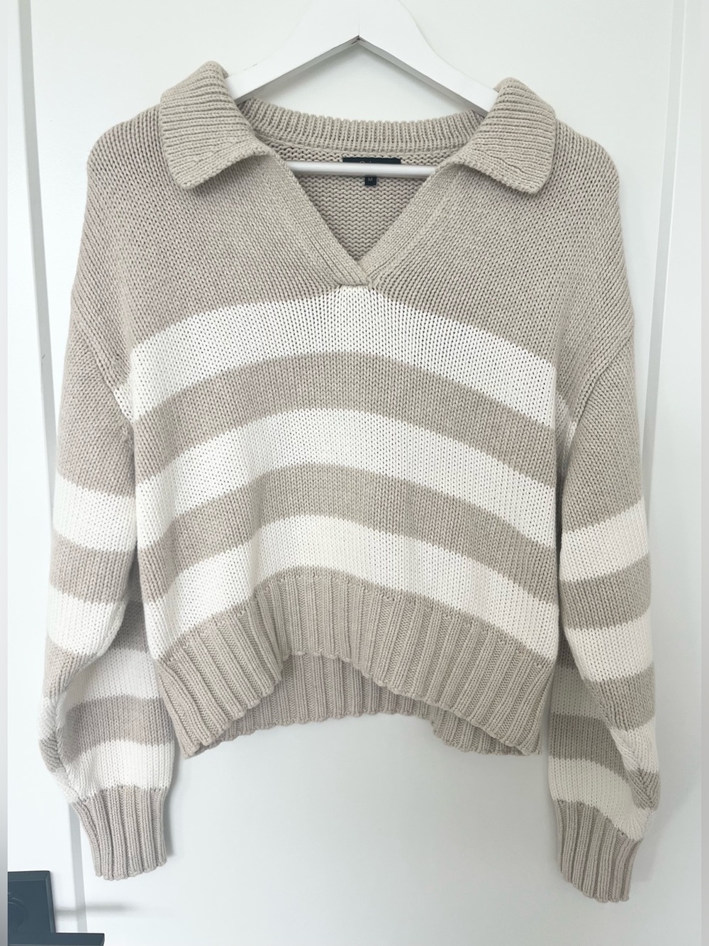 Quince 100% Organic Cotton Cropped Polo Sweater Beige Ivory Stripe Medium M